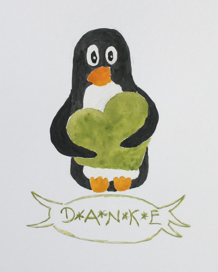 Ein gezeichneter Pinguin mit einem grünen Herz in den Flossen und einer Sprechblase mit dem Wort DANKE.