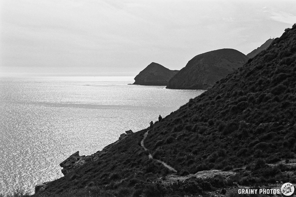 A serene black-and-white landscape featuring a winding path along a rocky coastline, with hills rising above the tranquil sea. The calm water reflects the soft light, creating a peaceful atmosphere perfect for contemplation.