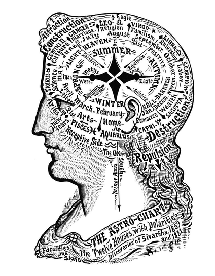 Plate showing a woman’s head in profile, partitioned and labeled to show the astrological influences believed to shape personality and behavior.