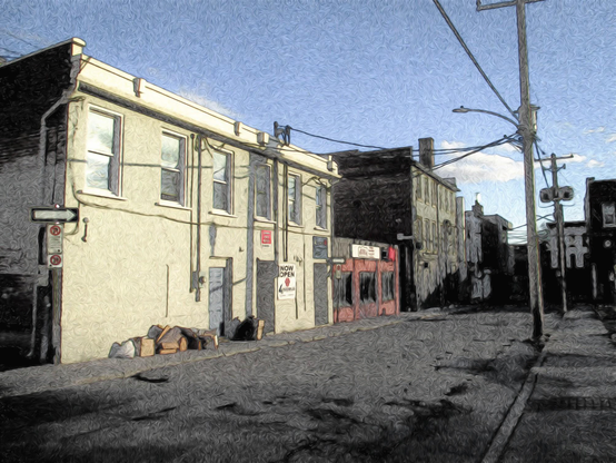 A small street the goes behind different shops is seen in this edited photograph that has a paint effect added to it. A sign is seen reading "Now Open" on one of the buildings ant itility poles an wires are also seen.