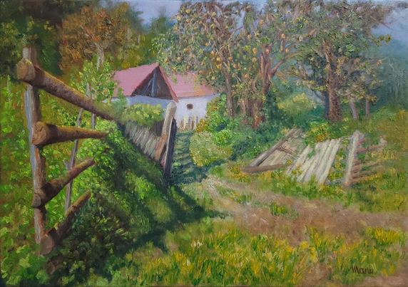 The quiet world of Robesti, Valea Oltului, Romania, with a couple of white rustic houses among fruit trees, screened behind dilapidated wooden fences and surrounded by exuberant foliage. Oil painting on canvas over a wood panel.