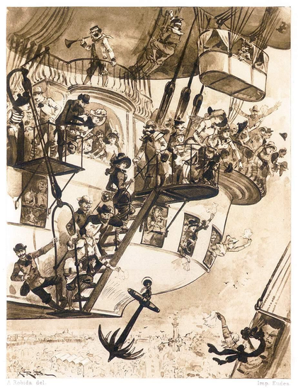View of a hot air balloon hovering over a coastal city, with passengers waving goodbye from the gondola's 'deck' and windows.