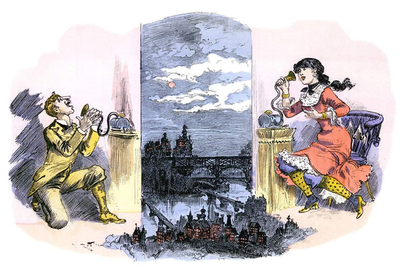 A man and a woman flirt over the phone—or, maybe more accurately, a telephone-like apparatus—their connection spanning a moonlit cityscape.