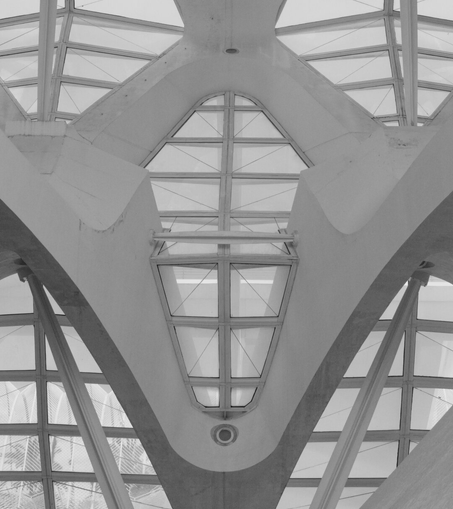Black-and-white upward view of a window inside the Museu de les Ciències in Valencia, featuring curved concrete supports and a geometric glass skylight arranged in a striking symmetrical pattern.