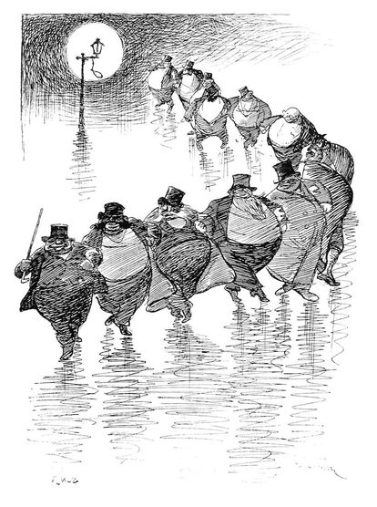A group of well‑dressed men with large, round bellies dances arm in arm from the back of the scene toward the foreground, as a streetlamp with a noose hanging from it casts a halo of light behind them.