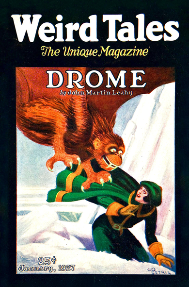 A simplistic image in which a young woman in winter clothes and cloak, in a snowy setting, is being attacked by a creature like a bat with lizard claws and a simian face.
Weird Tales magazine cover from 1927.
