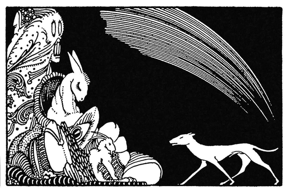 Three animals, resembling a donkey, a greyhound, and a horned poodle (a tiny goat?), can be seen in the foreground, while an arc of light shoots across the black background. On the left stands a strange, bearded figure wearing the face of a skull on his back.