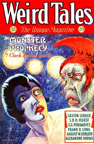 A woman with a flapper-like hairdo is reacting in fear at a cat-like creature with three eyes and a kind of mohican crest of red hair. Its eyes are emitting rays.
Weird Tales magazine cover from 1932.
