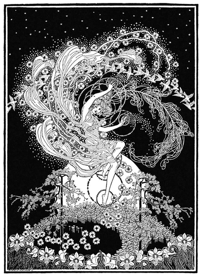 A young woman floats aloft over a flowered garden as ribbons from her dress, scattered beads, birds, and blossoms swirl around her in mid-air.
