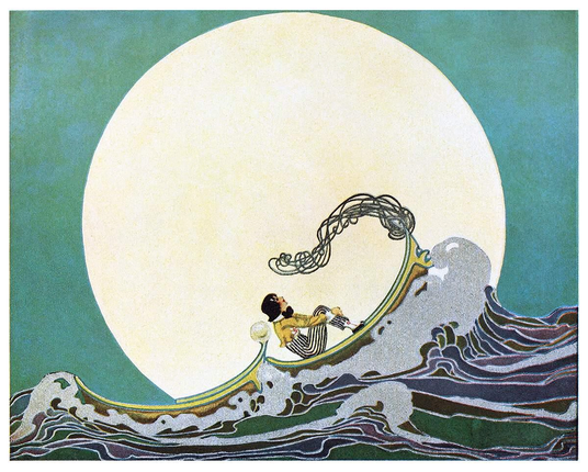 A boy sits in a small boat whose prow pitches slightly upward on the swell, gazing skyward with his arms wrapped around his knees as a full moon dominates the sky behind him.