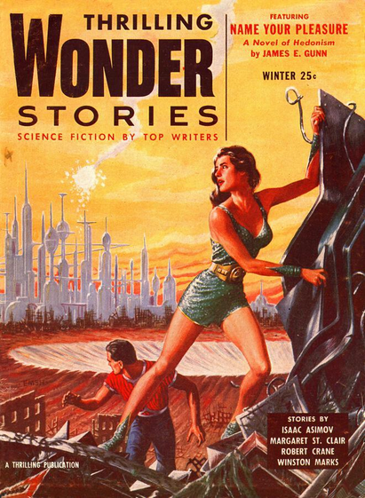 A man and woman are moving toward the viewer, climbing on tangled, ruined materials, looking backward at a shining white-towered city on the other side of a crater. A shining object with a smoke trail is in the sky over the city.
Magazine cover from 1955.
