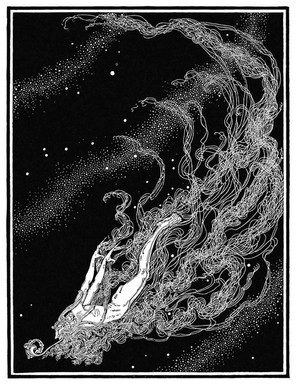 A bearded man glides through space as though swimming underwater, his long hair and beard streaming behind him in a continuous wake