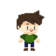 A front-standing avatar figure with short dark brown hair and a smell wearing a green t-shirt and navy jeans 