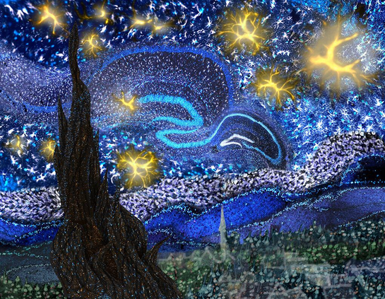 Van Gogh's Starry Night with the stars and landscape formed by neurons and hippocampal neuron staining to look like stars.