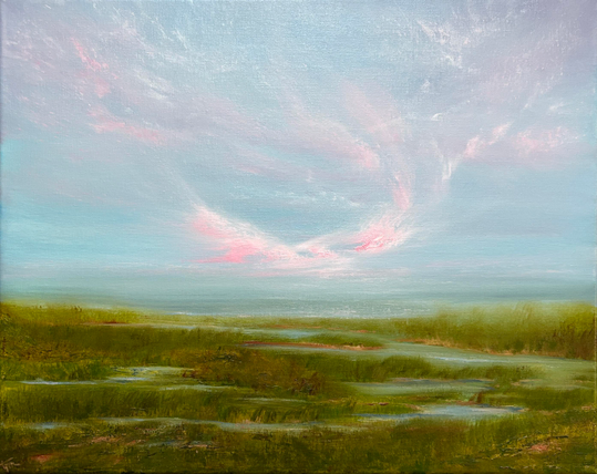 Original coastal marsh oil painting by Tisha Mark, "A Day to Remember" 16"x20" oil on linen (2025). This vibrant Cape Cod inspired painting has a summery light blue sky with atmospheric pink cloud formations over a peaceful coastal marsh. The textured marsh grasses are green and a calm ocean is visible in the distance.
