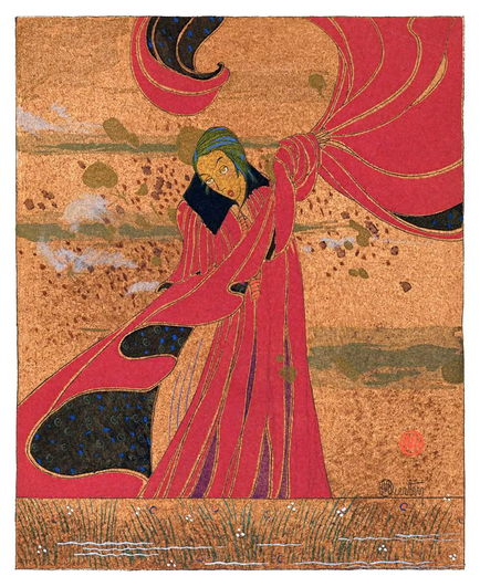 A woman rendered in a style reminiscent of Japanese woodblock prints tilts her head slightly aside as a red cape billows dramatically in the wind.