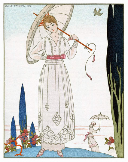 A woman holding a parasol stands beside a small rose bush, her head tilted to the side and one hand resting on her hip, set against a park dotted with cypresses.