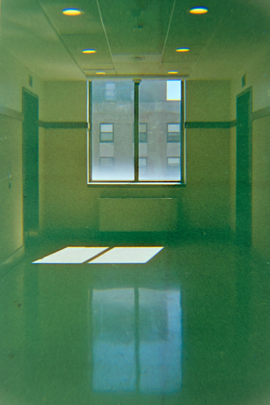 A window is between elevators on opposite sides of the corridor. The sun casts light inside, and the shiny floor reflects the window. Outside the window is a brick building.