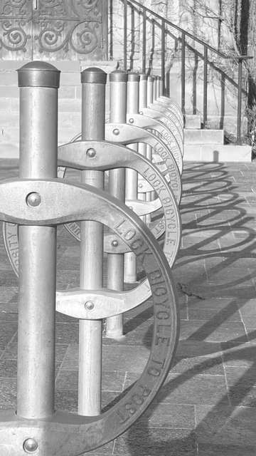 A row of empty bicycle stands cast circular shadows. In the background is a railing and a stone building. Image is a soft black and white.