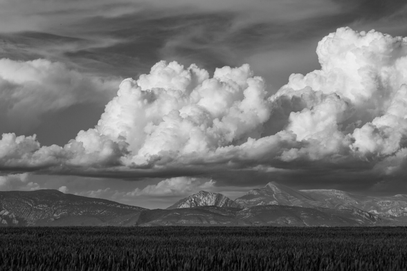Español: paisaje en blanco y negro con una llanura oscura en primer plano, una cadena montañosa al fondo y un cielo dramático dominado por grandes nubes cumulonimbo en pleno desarrollo.

English: Black and white landscape featuring a dark plain in the foreground, a mountain range in the background, and a dramatic sky dominated by large, billowing cumulonimbus clouds.