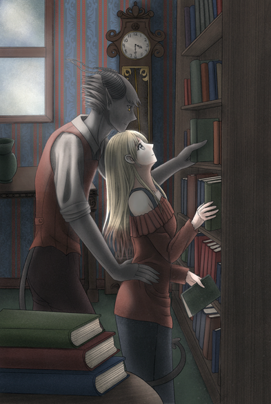 Digital handdrawn art by Macaron. Holly is holding two books by a bookshelf while D is leaning over her, shelving a book but resting his jand on her hip and chin on her head, he is obviously using the movement as an excuse to be affectionate. Light is coming through a rainy window, making the room lit softly.