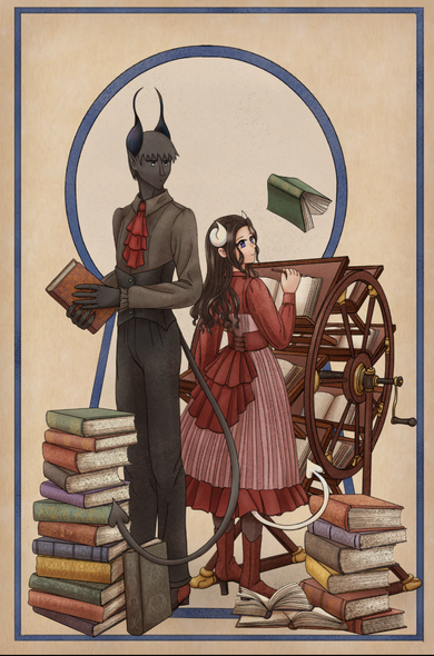 Digital hand drawn art by Macaron. Az, a tall male demon, stands holding a book in his hand looking over his shoulder at Evelyn  a short human woman disguised with horns and a tail. A flying Mimic taking the form of a book, Malty, hovers over Evelyn's head. Evelyn is working at a bookwheel. They are surrounded by piles of books and dressed in elegant gothic lolita fashion.