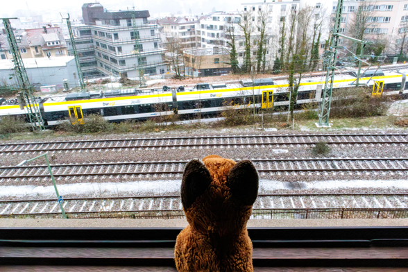 Red fox plushy looking out of a window at the train tracks and a passing regional train. There is a tiny amount of snow on the tracks and the surrounding houses.