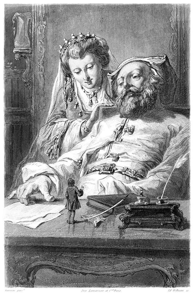 A diminutive Gulliver stands on a writing desk beside an inkstand, addressing the King of Brobdingnag’s questions.