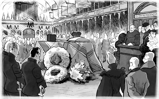 An illustration of a solemn funeral scene inside the grand hall of a cathedral.
A casket covered with a flag is surrounded by floral wreaths. 

A crowd of mourners, including the Prince of Wales and the Queen Victoria, are present. 

The atmosphere is very worthy and respectful.