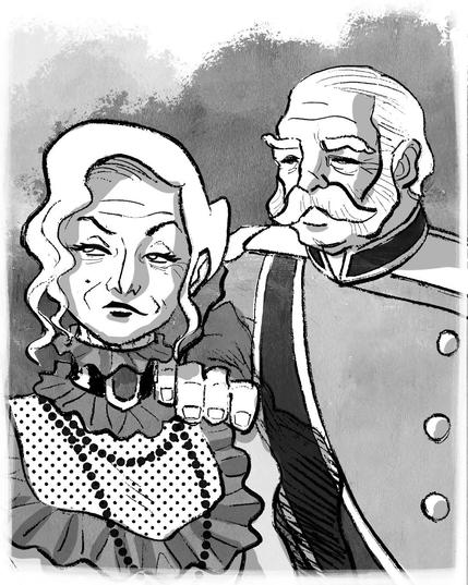 A black-and-white illustration depicting a stern-looking Sir James with a mustache in a military-style uniform, standing beside Lady D’Arcy dressed in a ruffled, polka-dotted outfit. She has curly hair and gives off a confident expression, while he put his hand on her shoulder 