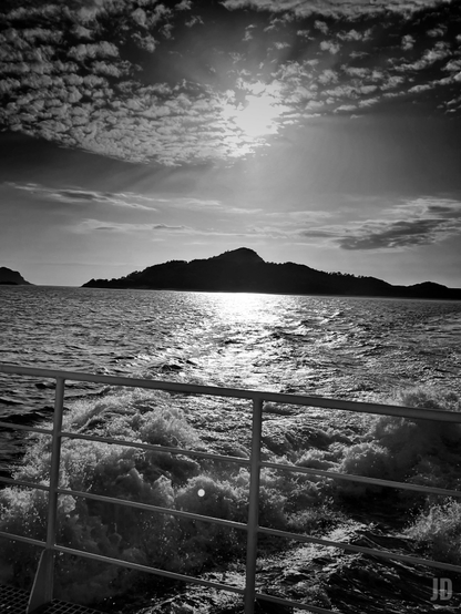 Esta es una evocadora fotografía en blanco y negro tomada desde la cubierta de una embarcación en movimiento. La composición destaca por el fuerte contraste entre la luz solar y las siluetas del paisaje.
• Primer plano: Se observa la barandilla metálica del barco y la estela de espuma blanca generada por los motores, lo que aporta una sensación de dinamismo y viaje.
• Fondo: La silueta oscura de las Islas Cíes se recorta contra el horizonte, mostrando su relieve montañoso característico.
• Cielo y Mar: Un sol radiante se filtra a través de un manto de nubes con textura "empedrada" (cirrocúmulos), creando un reflejo brillante y plateado sobre la superficie del agua.
La elección del blanco y negro resalta las texturas del mar y la espectacular iluminación natural de la costa gallega.