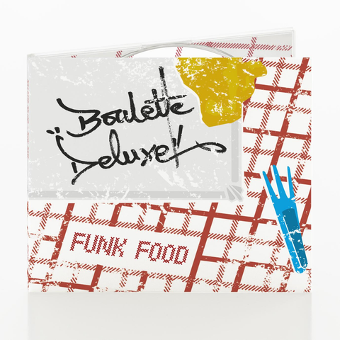 Album cover of "Funk Food", resembling a paper plate with mustard and a little plastic fork.
