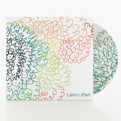 Album cover of the Lari and Fari CD. It's a white cardboard sleeve with colorful hand drawn patterns.
