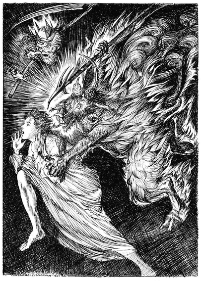 A terrified youth in a nightshirt flees the outstretched grasp of a nightmarish, horned figure with goat legs and a swine snout, who brandishes a spear. A second pursuer, crowned and armed with a scythe, looms in the background.