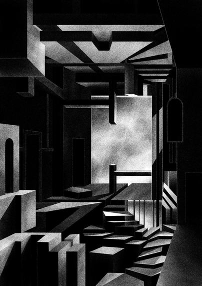 This image depicts a highly abstract, monochrome architectural scene composed of sharp geometric forms. It looks like an intricate, almost labyrinthine interior made up of overlapping rectangular blocks, beams, and platforms. Strong contrasts between light and shadow create depth and emphasize the rigid structure of the space.

There are elements that resemble staircases, columns, and suspended beams, but they are arranged in a surreal, non-functional way. The perspective feels complex and slightly disorienting, with multiple layers receding into the background. A large, bright rectangular opening in the center suggests a distant light source, illuminating parts of the structure while leaving others in deep shadow.

The grainy texture gives the image a tactile, almost industrial feel, enhancing its stark, dramatic atmosphere. Overall, it evokes a sense of a futuristic or brutalist environment, somewhere between a building interior and an abstract sculpture.