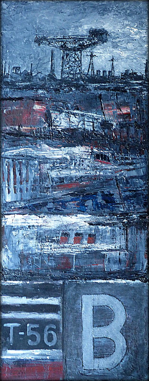 A colour photograph of a painting with five vertically stacked sections, each depicting components of shipbuilding, with ships on stocks, cranes and lettering. A sparse palette of greys, blacks and red predominates.