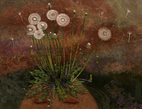 Against a deep umber, rust, purple and green background, the top of a pumpkin orange abstract head with closed eyes. On its crown, a patch of dandelions whose dried white heads open into full spheres, parachuting seeds as they glide through the wind. (Full image)
