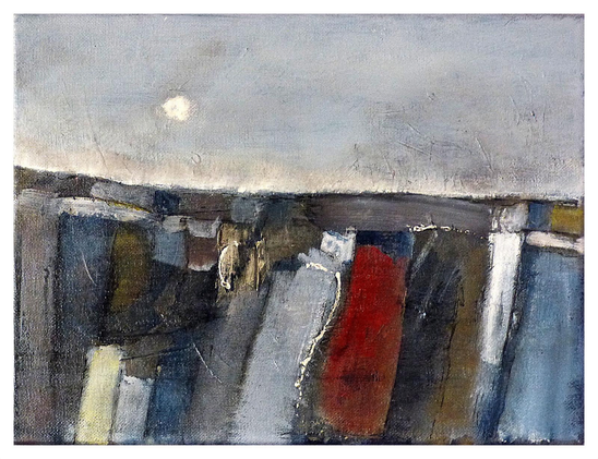 A colour photograph of a painting showing an abstract landscape with vertical swathes of colour defining fields under an almost horizontal horizon line with a shimmer of light under greyish blue cloud and an occluded sun. A single red field and white building add interest to the scene.