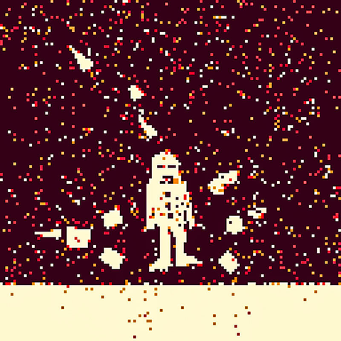 A pixel-art style image of a pale, simplified human figure standing against a deep red background filled with scattered noise-like dots in red, orange, and white.