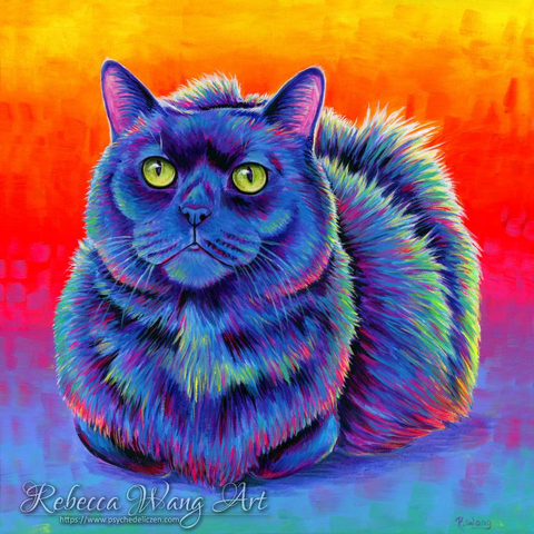 A colorful painting of a black cat with a rainbow background.