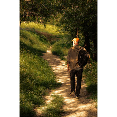A photograph of a person, (my Amor ♥️) , wearing an olive green hoodie, jeans, and trainers with an orange cap. He is walking away on a sunlit, grassy path in a park. He has a black backpack on his right shoulder
 The path is surrounded by tall green grass and trees. There is sunlight filtering through the leaves which casts dappled shadows on the ground.