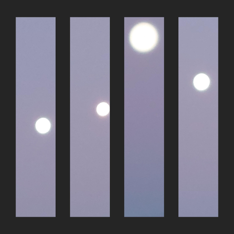 A collage of five different moon photographs, arranged vertically with black borders. The moons are blurred and vary in size and height. The background is a soft blue-violet. It looks as though the moons are living behind the bars of a prison window.