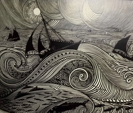 wood cut of ships on a wild sea with big waves