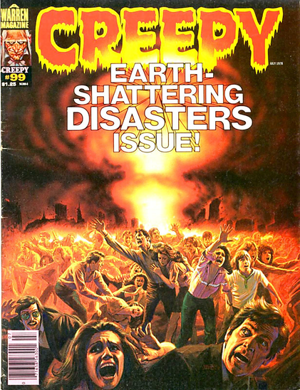 Hundreds of screaming people are running toward the viewer, with a mushroom-cloud explosion in the background.
Creepy magazine cover July 1978.
