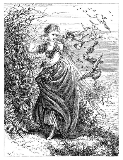 A young woman walks along the shore of an island, followed by a flock of winged hearts fluttering about her.