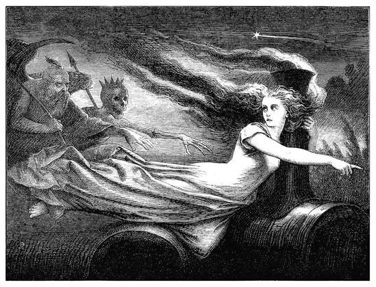 A pale, spectral female figure floats through the night, one arm encircling a locomotive smokestack as she gestures onward, guiding the personifications of Time and Death as they trail in her wake.