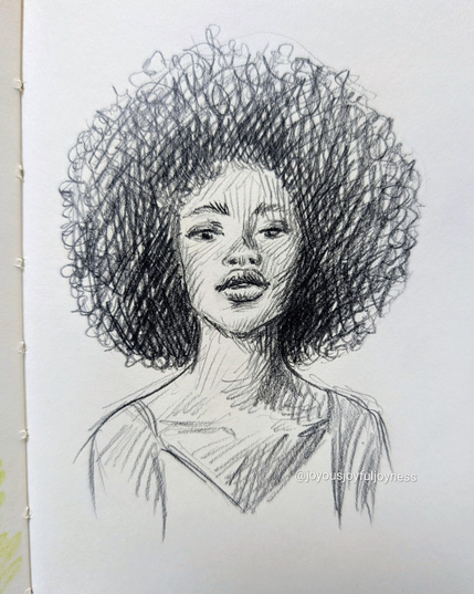 Sketchbook page of a pencil drawing of an African American woman with a large afro and looking at the viewer. She is wearing a tank top.