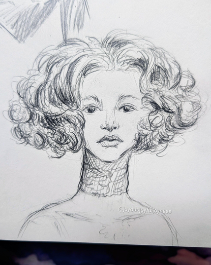 A sketchbook page with a pencil drawing of a Caucasian woman with a curly bob looking at the viewer. She has a lacy choker.