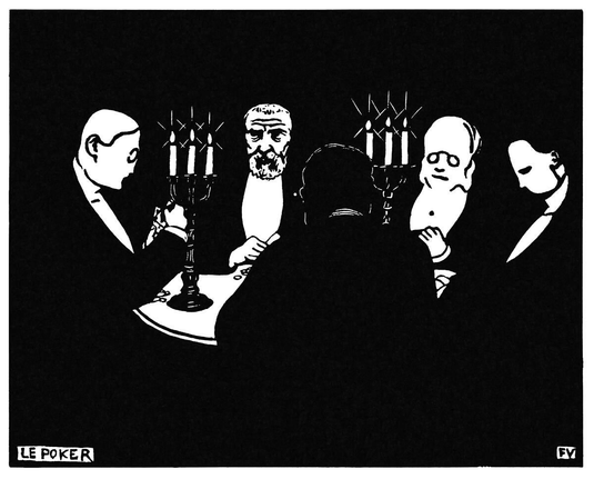 Five men in formal evening attire are gathered around a poker table, illuminated by the glow of two candelabras. Beyond this small circle of light, the rest of the room is swallowed by darkness.