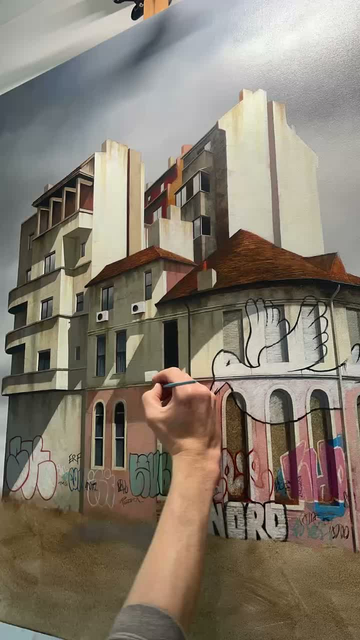 Painting detail of a group of buildings. Acrylic on canvas.